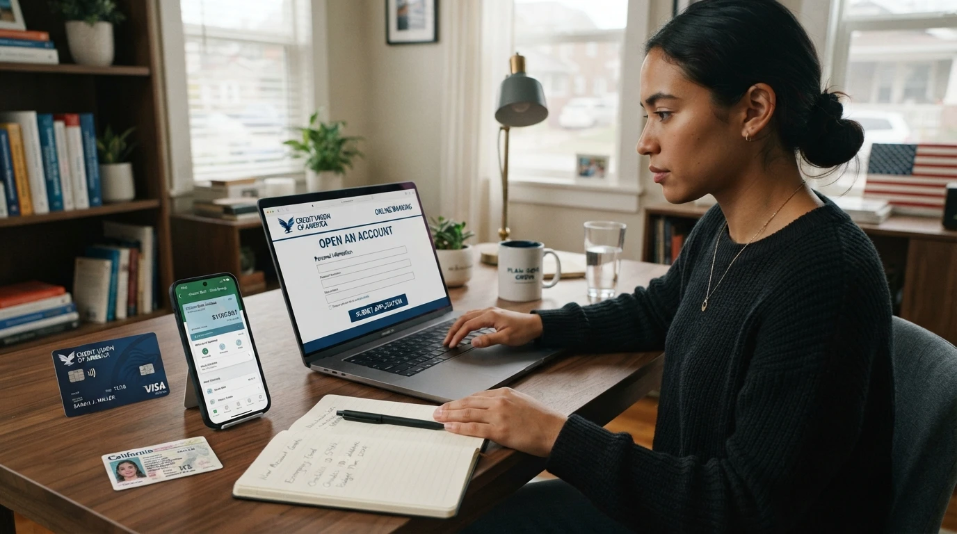 Person opening a US bank account online using a laptop and mobile banking app